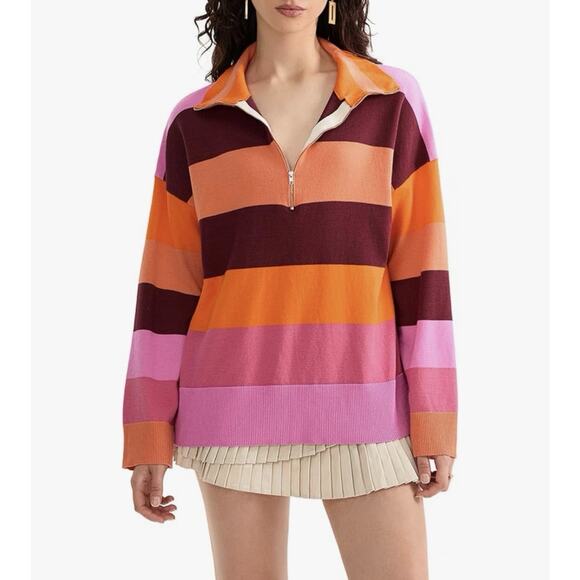 Womens V Neck Long Sleeve Loose Sweaters Color Block Striped Knitted Size L - Picture 1 of 6